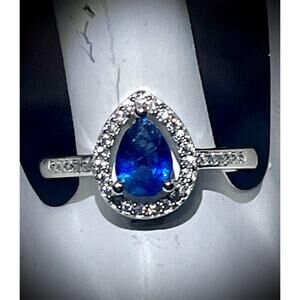 Pear Cut Blue Sapphire Halo Ring – Sterling Silver, Ethical Gemstone, Size 7
